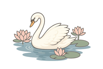 Graceful mute swan swimming among beautiful pink lotus flowers and lily pads