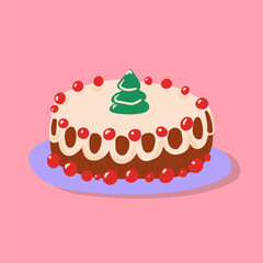 Christmas cake with a little Christmas tree on top. Festive winter dessert in vector.