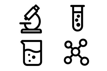 Basic science icons set featuring a microscope, test tube, beaker, and molecule structure graphic