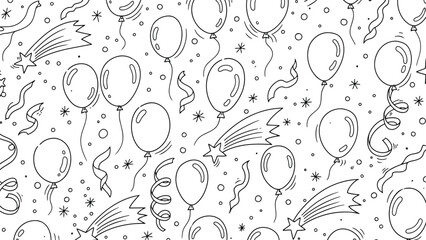 Vector illustration of seamless black and white doodle pattern of hand drawn balloons, shooting stars, and confetti for a festive celebration background