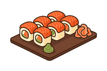 Salmon sushi rolls on wooden platter with wasabi and pickled ginger, Japanese food