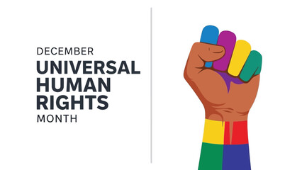 Vector illustration of fist raised in solidarity with colorful fingers representing diversity and inclusion for universal human rights month celebration in december