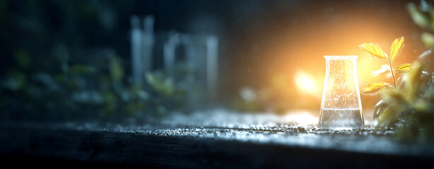 Laboratory scene featuring glass flask illuminated by warm glow, surrounded by greenery