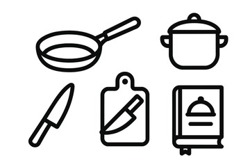 Minimalist outline symbols of essential kitchen tools: frying pan, cooking pot, knife, and cookbook