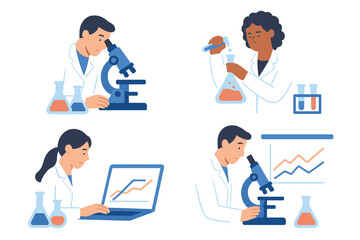 Scientists working in a laboratory using microscopes, beakers, and laptops for research and analysis