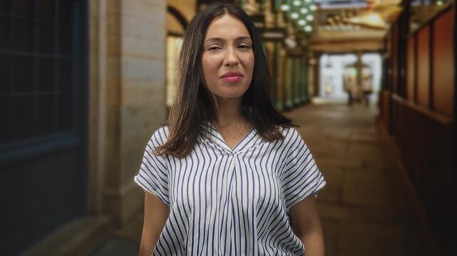 Young hispanic woman face with closed eyes tilts head back on city street arcade; confidence calm poise.