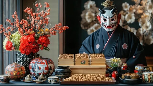 A striking red Oni mask placed next to a wooden box filled with soybeans, symbolizing the Setsubun festival, a Japanese tradition for driving away evil spirits