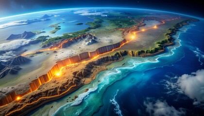 Epic planetary view from orbit showing a fiery chasm splitting the Earth's crust along a tectonic plate boundary