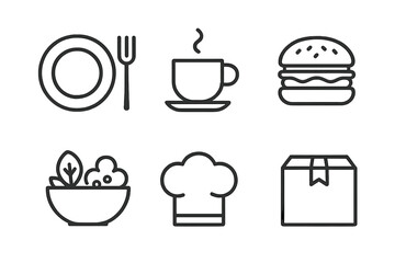 Minimalist outline icons set representing essential elements of food service and delivery