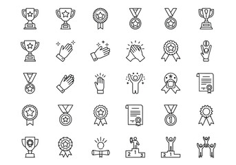 Vector illustration of collection of hand drawn line icon set representing achievement, award, trophy, medal, success, victory, and applause