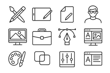 Outline icons for graphic design software, digital art tools, and creative workflow