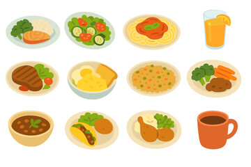 Diverse collection of popular meals, dishes, and drinks served on plates and in cups