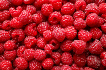 Fresh ripe raspberries as background, top view