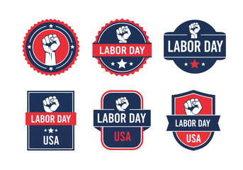 Vector illustration of set of six labor day badge and emblem design collection with raised fist symbol in red and blue color palette