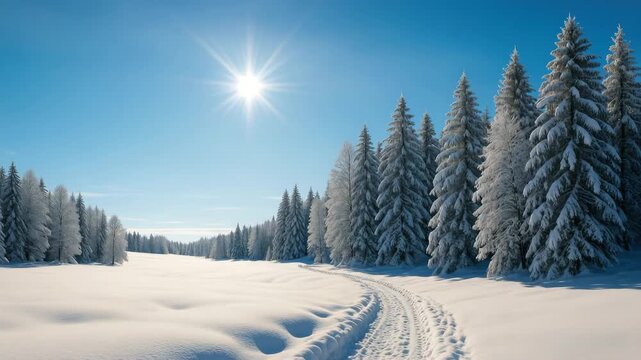Wide view of a serene winter landscape featuring snow-covered ground and evergreen trees under a bright blue sky with the sun shining down throughout the changing scenes