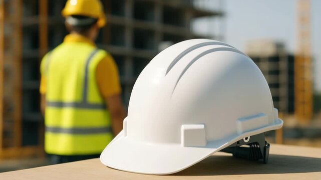 Close-up of white hard hat resting on wooden table at construction site with blurred background of worker in safety vest and hard hat bright daytime light enhancing textures and colors