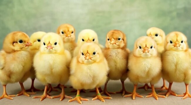 chicks are yellow on a green background 