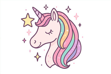 Cute magical unicorn head with colorful rainbow mane and sparkling stars © Andrei