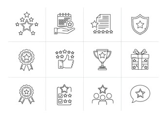 Vector illustration of set of twelve handdrawn line icons representing quality rating, feedback, achievement, award, trophy, and customer satisfaction