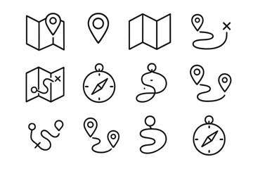 Essential navigation symbols including folded map, GPS location pins, route paths, and compass signs