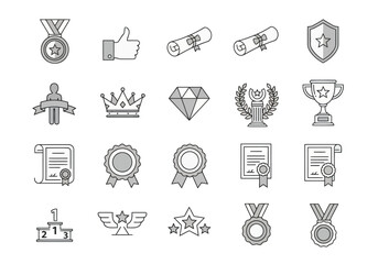 Vector illustration of set of line icon symbols representing achievement, award, success, victory, and competition element in monochrome style