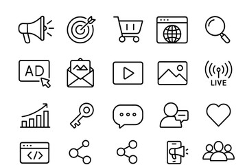 Outline icons set covering digital marketing, social media, SEO, and online business