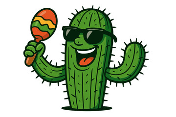Smiling desert cactus character with sunglasses holding a traditional Mexican maraca instrument
