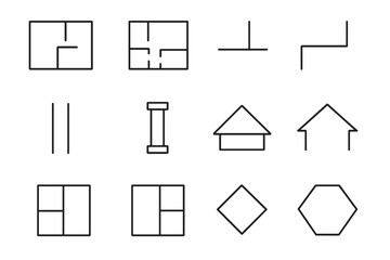 Minimalist linear icons featuring house outlines, room layouts, and fundamental geometric shapes
