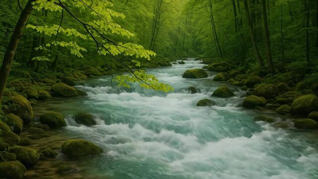 Serene flowing river winding through lush green forest with vibrant foliage smooth water cascading over mossy stones under soft natural light in a tranquil outdoor setting