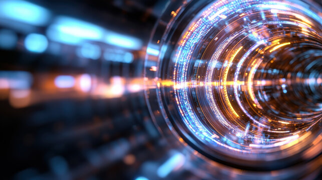 A mesmerizing view of a vibrant digital tunnel made of glowing lights and abstract patterns, representing a journey through a cosmic or technological landscape.