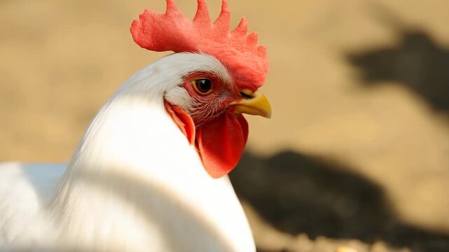 Close-up shots of a white rooster showcasing vibrant red comb and wattle set against a blurred natural background with warm sunlight highlighting its feathers