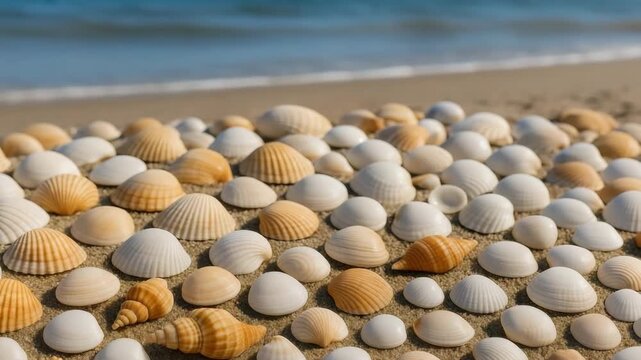 Close-up of a variety of colorful seashells arranged on a sandy beach captured in natural soft light with shallow depth of field highlighting the ocean waves in the background