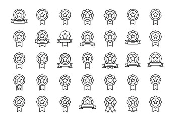 Vector illustration of set of thirtytwo black line art award badge and ribbon icons with star shape, perfect for quality or achievement representation