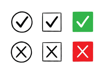 Vector illustration of set of hand drawn check mark and cross symbols in circle and square shapes
