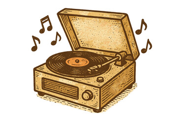 Nostalgic portable record player spinning a vinyl disc with musical notes rising