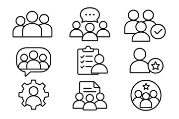 Outline symbols for team management, user profiles, group communication, and business tasks