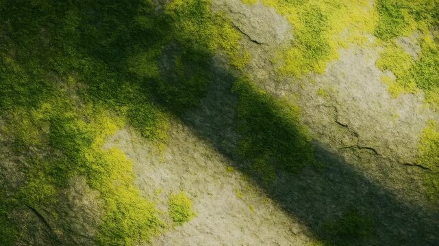 Close-up of textured stone surface covered with green moss shadows cast by passing clouds showcasing natural elements and colors changing from soft light to deeper tones