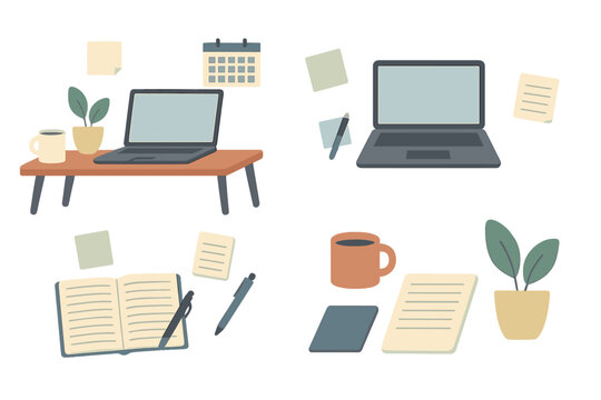 Essential objects for remote work and study including laptop, notebook, and coffee