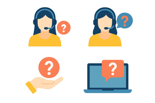 Collection of customer service and FAQ icons including a helpdesk operator with headset and question marks