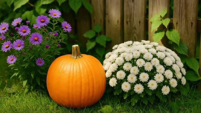 Vibrant orange pumpkin nestled beside white flowering mums and purple asters in lush green grass with wooden fence backdrop illuminated by soft natural light offering seasonal garden landscape beauty