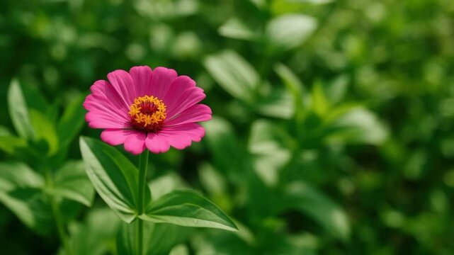 Close-up of vibrant pink zinnia flower blooming in lush green garden framed beautifully with soft natural light highlighting delicate petals and rich textures of foliage.