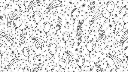 Vector illustration of seamless hand drawn doodle pattern of balloons, confetti, stars, and streamers for a festive celebration or birthday party background design