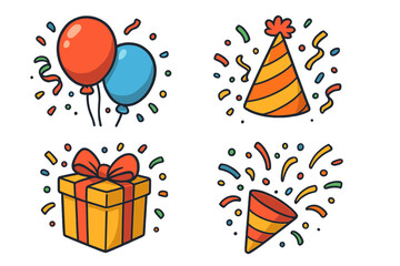 Brightly colored birthday celebration elements including balloons, gift, party hat, and confetti