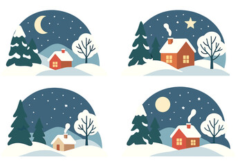Naklejka premium Four cozy winter night scenes with snowy houses and evergreen trees under a starry sky