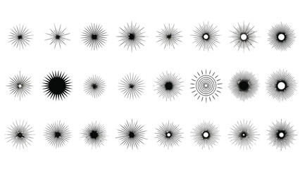 Vector illustration of collection of various black and white starburst, sunburst, and explosion shapes