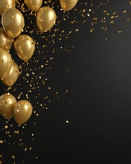 A luxurious celebration background featuring gold party balloons and shimmering confetti exploding against black backdrop, perfect for New Year events, birthdays, anniversaries, and gala parties