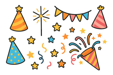 Bright celebration accessories set with party hats, bunting banner, sparkler, and confetti popper