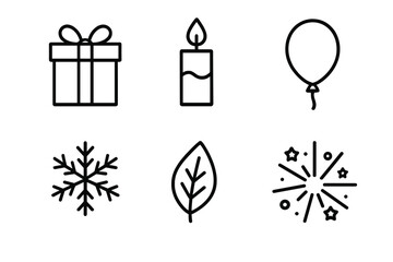 Minimalist set of holiday, celebration, and nature symbols: gift, candle, balloon, snowflake, leaf, and fireworks