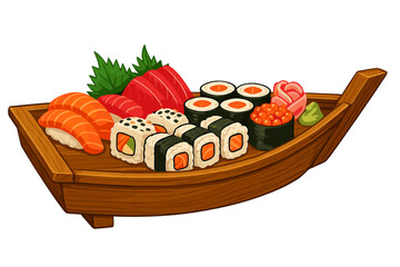 Assortment of fresh Japanese sushi and sashimi served on a traditional wooden boat plate © Andrei