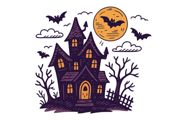 Dark spooky haunted mansion silhouette under a full moon with flying bats and bare trees